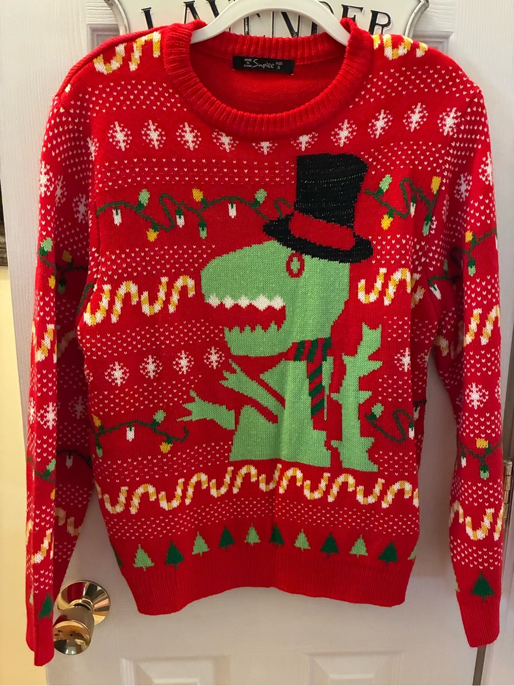 Simple Red Crewneck Sweater with Green Dinosaur Holiday Motif